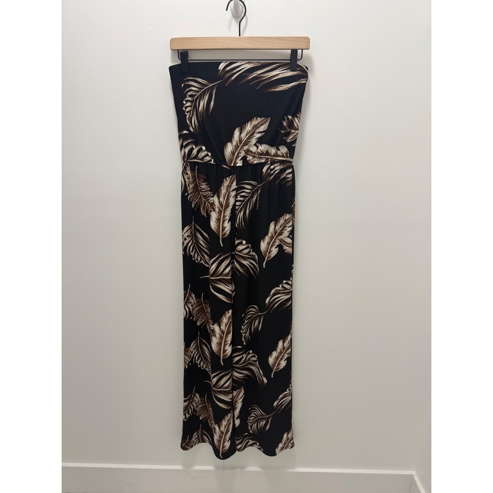 Derek Heart Womens Strapless Tropical Leaf Pleated Wide Leg Jumpsuit Black M